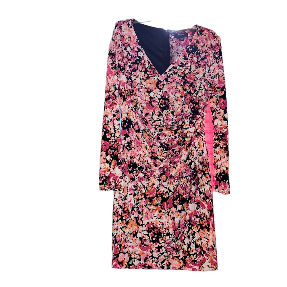 Guess Women's Pink Floral-Print Long Sleeve V-Neck Bodycon Dress